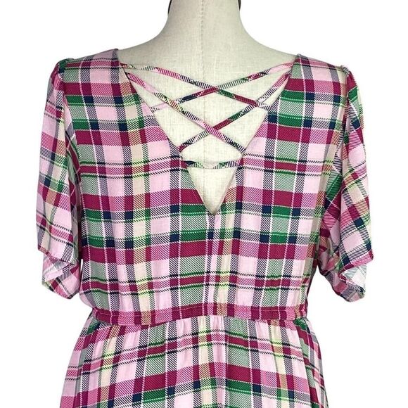 Torrid Top Women 2X Pink Plaid Babydoll Lattice Back Short Sleeves Stretch Waist - Picture 8 of 9